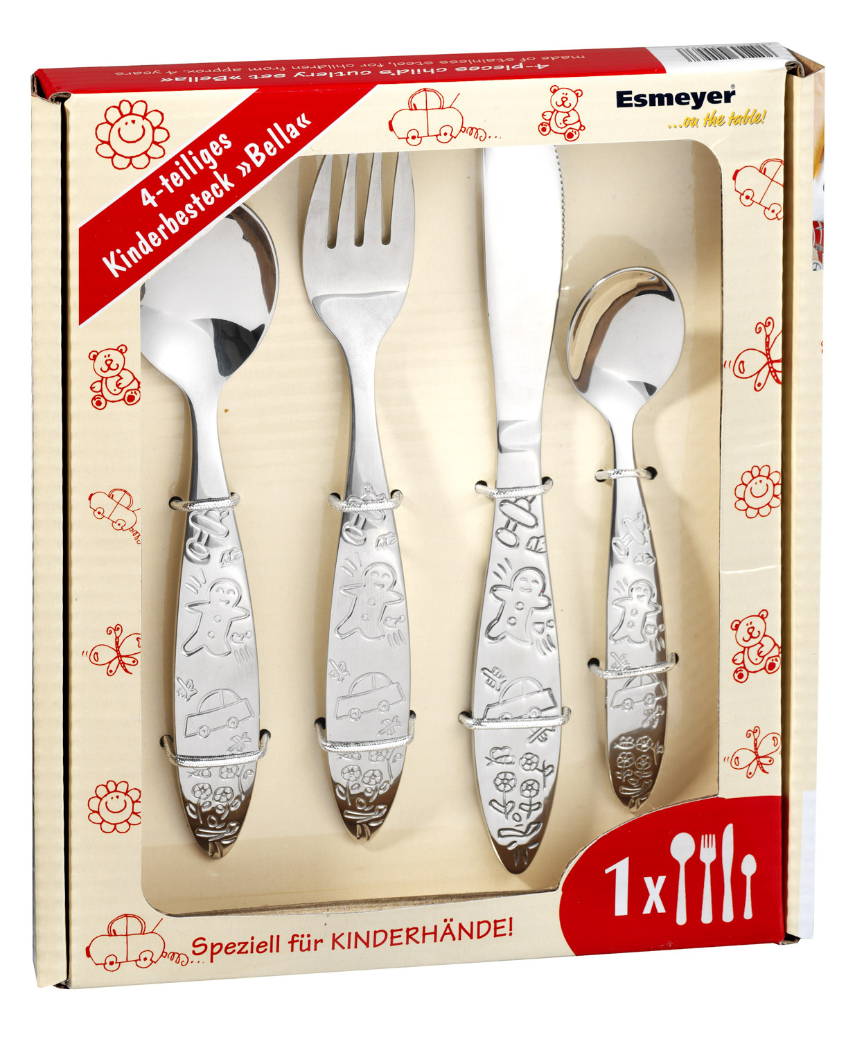 4-teiliges Kinderbesteck BELLA von Esmeyer, aus Edelstahl 18/0, poliert, Lieferung im Geschenkkarton mit Fenster