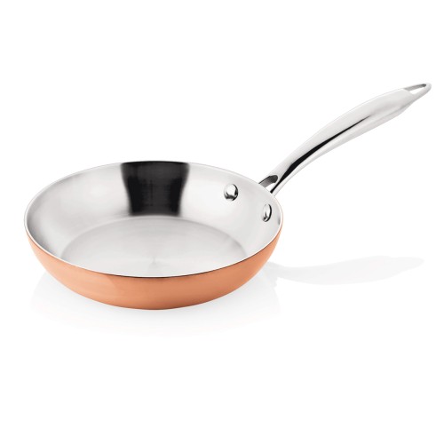 Pfanne, Sandwichboden, angenietete Griffe, 3Ply – Wandstärke: 2,3 mm, Chromnickelstahl 0,5 mm, aluminium 1,3 mm, Kupfer 0,5 mm. Material: