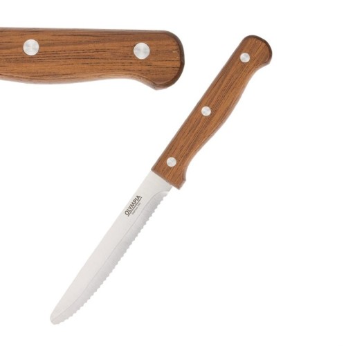 12 Stück Olympia Steakmesser mit runder Spitze Holz. Klinge mit Wellenschliff. 21,5(L)cm, 12 Stück pro Packung. Runde