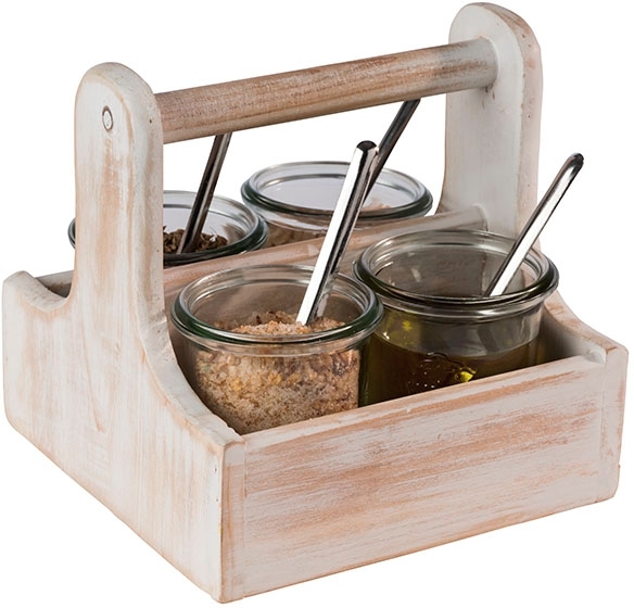 Table Caddy -VINTAGE- 15,5 x 15,5 cm, H: 15 cm Holz, weiß mit Tragegriff unterteilt in 2 Fächer Fachgröße je 13,5 x 6 cm