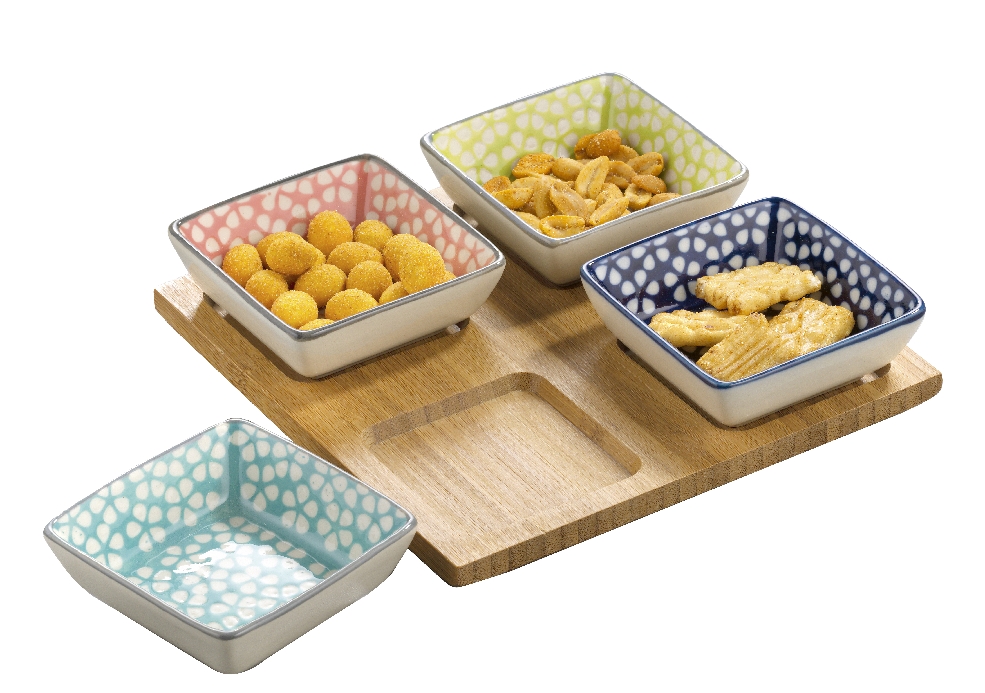 5-teiliges Schalenset "KRETA" mit Tablett, vier quadratische Schalen ca. 7,3 x 7,3 x 2,8 cm, aus hochglänzendem Steingut, mit Dekor,
