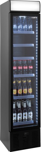 SARO Getränkekühlschrank mit Werbetafel - schmal, Modell DK 134 - Material: (Gehäuse und Innenraum) PCM beschichtet schwarz - Tür