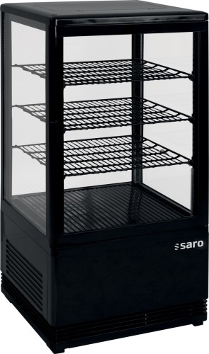 SARO Mini-Umluftkühlvitrine Modell SC 70 schwarz - Material: (Gehäuse) Kunststoff, schwarz - 4-seitig doppelverglast - 3 höhenverstellbare