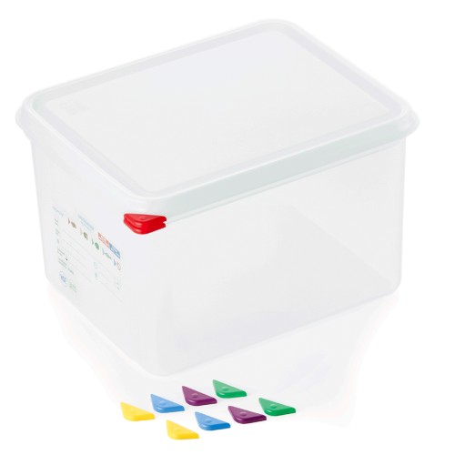 GN 1/2 Behälter, BPA frei, Deckel hermetisch schließend, Inklusive 5 Markierungs-Clips in den Farben: rot, blau, gelb, grün, lila, Behälter sind