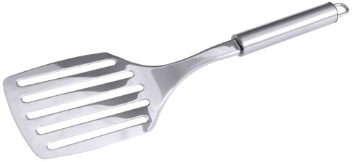 Pfannenwender, längs perforiert Serie POLARIS, mit seidenmatt poliertem Griff aus Edelstahl 18/10, Spatel aus hochglänzendem