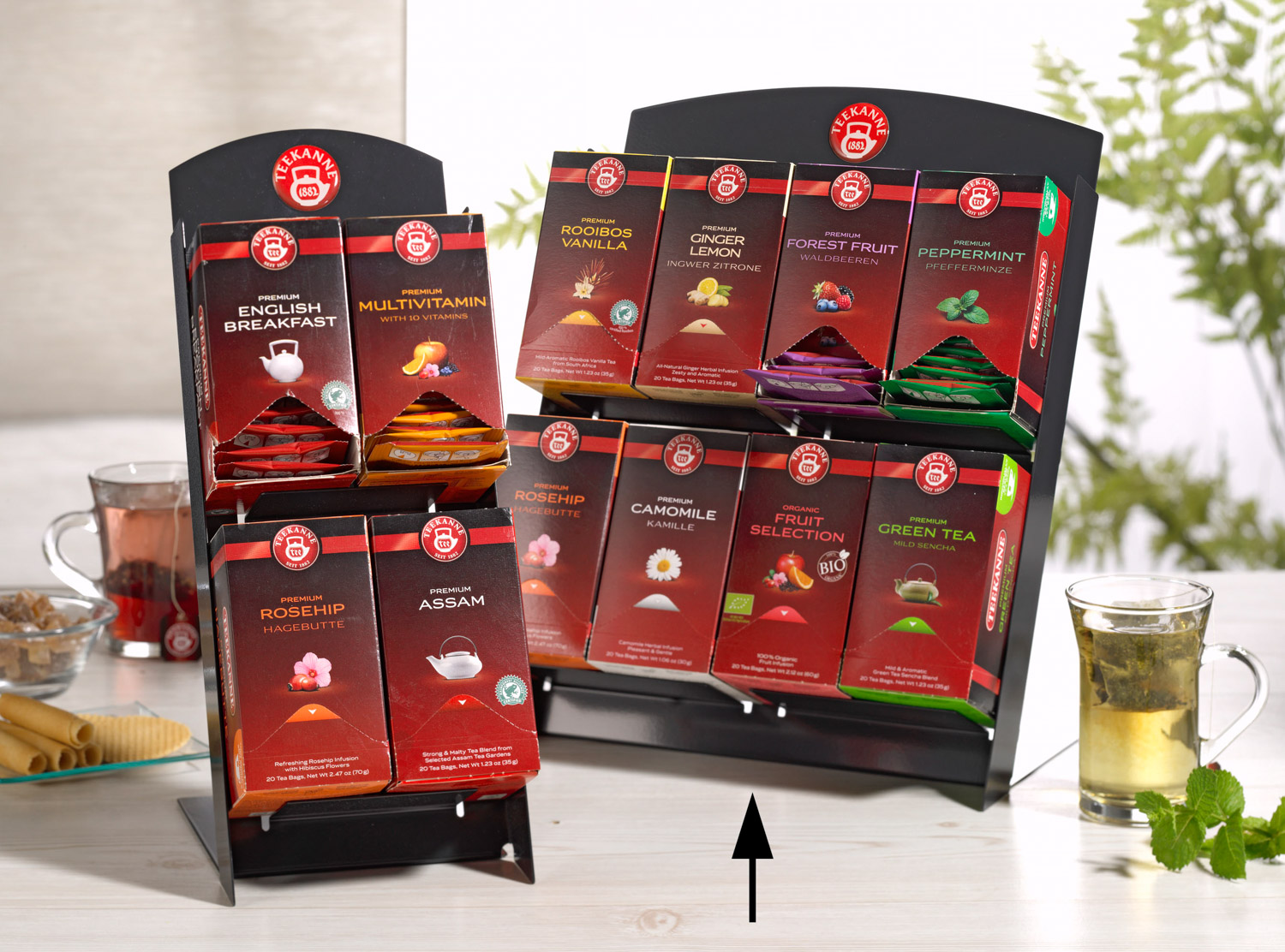 Teekanne TEE-BAR für Profis mit 8 Fächern, hochwertiges Präsentations-Display aus Stahl, Abmessungen (H x B x T): 34,2 x 28,6 x 18,9 cm.