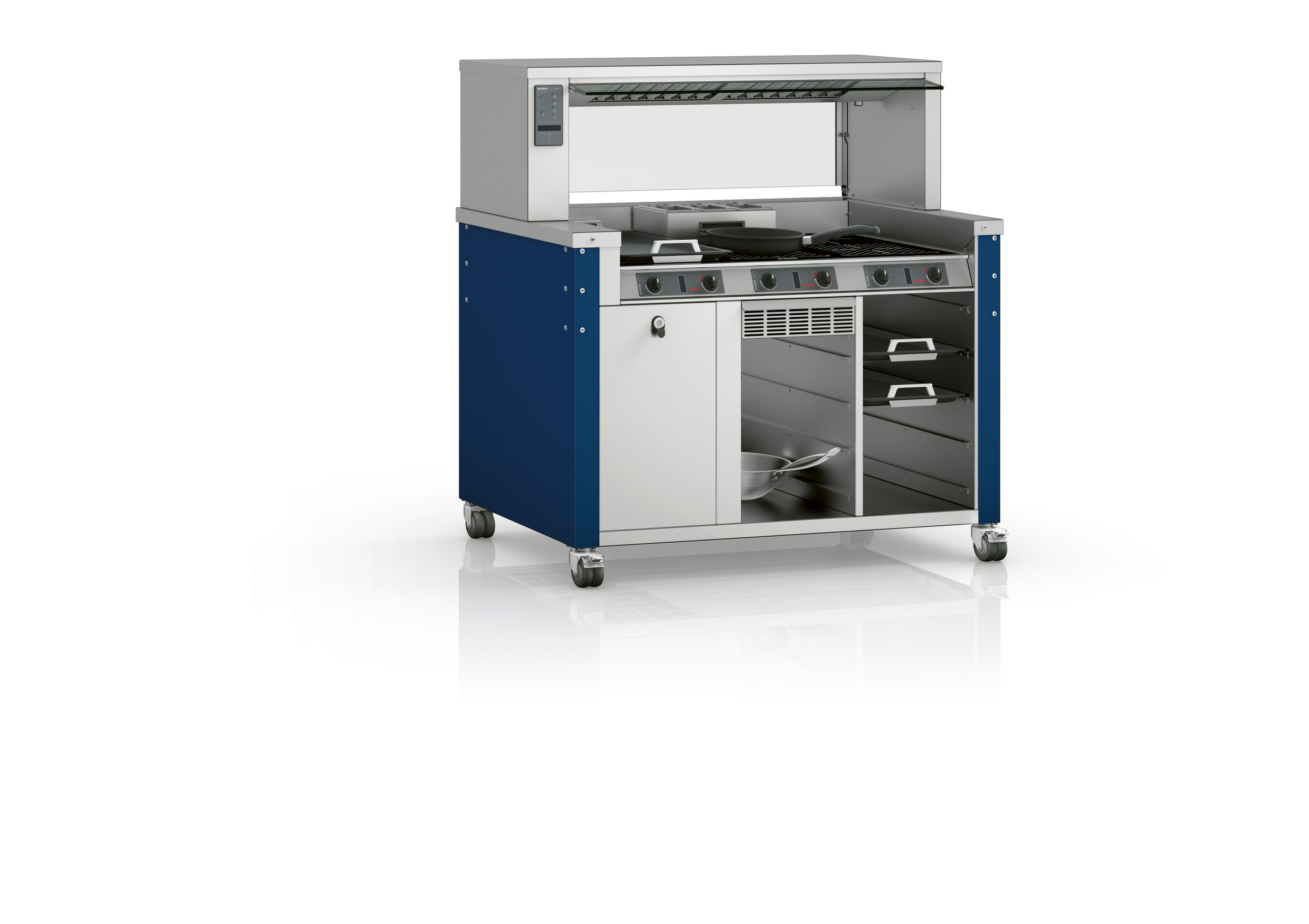 BLANCO Kochstation mit drei integrierten Induktionskochfeldern, (6 Kochzonen), fahrbar, Rollen ø 75 mm, 4 Lenk-Zwillingsrollen, davon 2