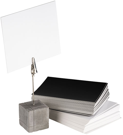 Kartenhalter, 4er Set 3 x 3 cm, H: 12 cm Beton, mit Klammer inklusive 30 Beschriftungskarten 10 x 8 cm (15x weiß und 15x