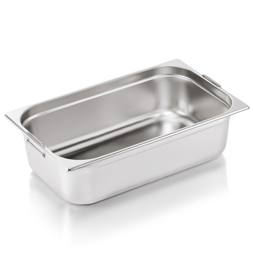 GN 1/1 Behälter, Materialstärke 0,6 mm, mit Fallgriffen. Material: Chromnickelstahl. Serie: GN 73. Inhalt in Litern: 20. Maße: Höhe: 150 mm