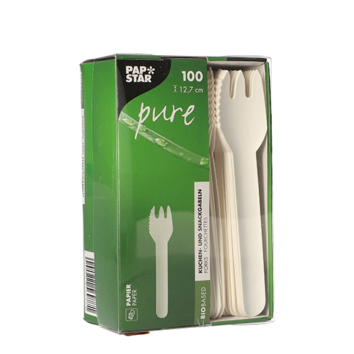100 Kuchen- und Snackgabeln, Papier "pure" 12,7 cm weiss mit einseitig gezacktem Rand von PAPSTAR