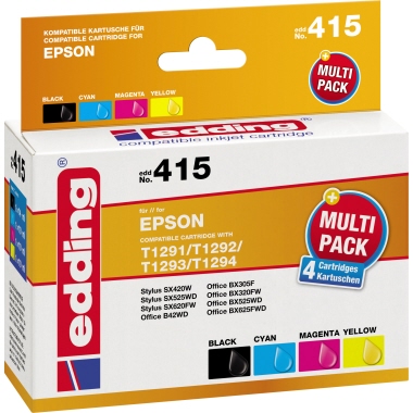 edding Tintenpatrone Epson T1291/T1292/T1293/T1294 EDD-415 ca. 485 Seiten schwarz, ca. 3 x 500 Seiten farbig kein