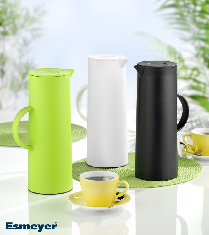 Isolierkanne "MANHATTAN", Inhalt 1 Liter, grün, mit Glas-Isoliereinsatz, mit praktischer Druck- taste für einfaches Öffnen mit einer Hand,