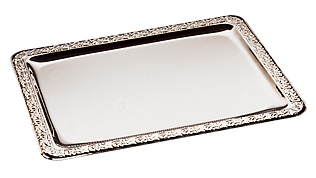 Tablett -SCHÖNER ESSEN- 42 x 31 cm 18/0 Edelstahl, mit Dekorrand spülmaschinengeeignet stapelbar