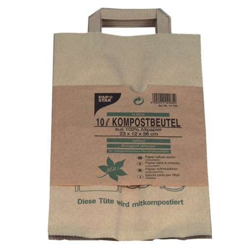 15 Kompostbeutel aus Papier mit Henkel 10 l 28 cm x 22 cm x 14 cm braun "bedruckt" von PAPSTAR