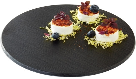 Tablett -SLATE- Ø 30 cm, H: 1 cm Melamin, schwarz, Schieferlook mit Antirutsch-Füßchen spülmaschinengeeignet stapelbar nicht