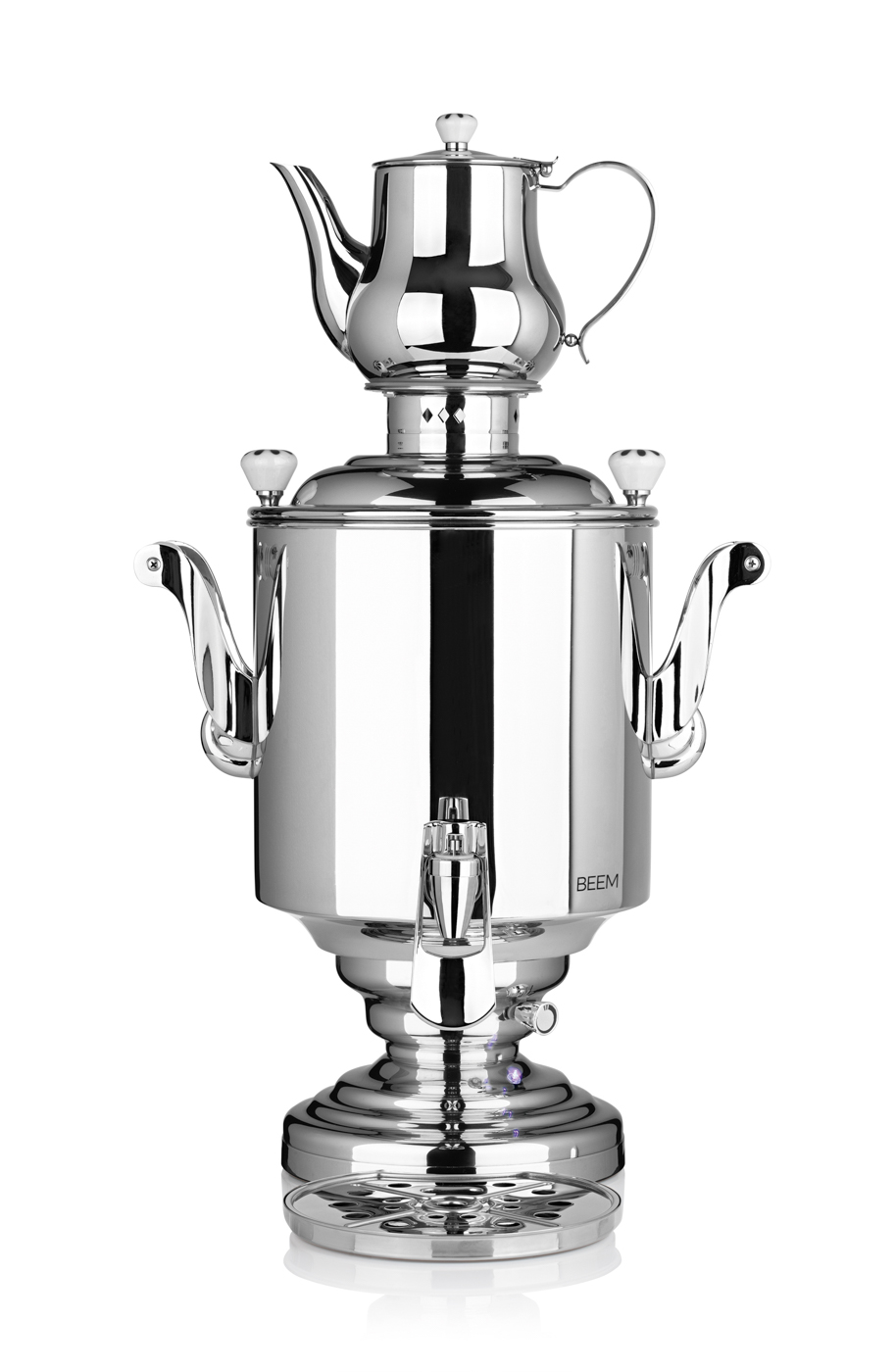 Samowar Beem Katharina, 15 ltr., Edelstahl Mit 2,0 ltr. Teekanne und Teesieb, 2 Heizspiralen á 2.300 W & 700 W, Kabellänge 130 cm