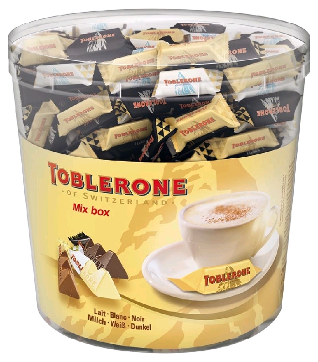 Toblerone Mini-Mix, Schokolade Inhalt: 113 Stück à 8 g je Runddose.