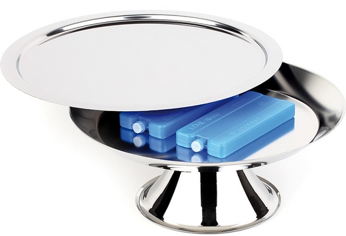 Thermo-Set Ø 38 cm, H: 14,5 cm 18/8 Edelstahl 4-teilig: - 1 Tablett tief auf Fuß - 1 Tablett flach - 2 Kühlakkus (ohne Haube)