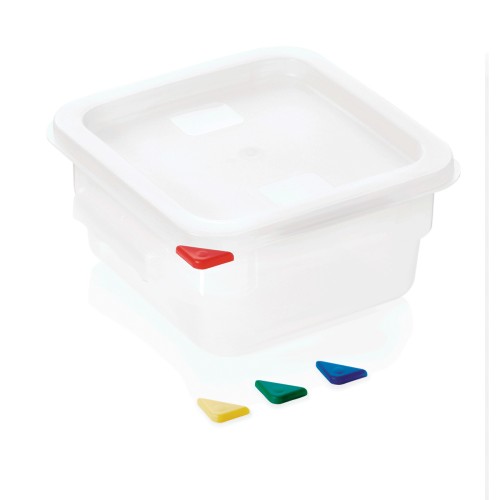 HACCP Vorratsbehälter, mit farbigen HACCP Clips, mit Skalierung und Griffen. Material: Polyethylen, Polypropylen. Inhalt in Litern: 2.