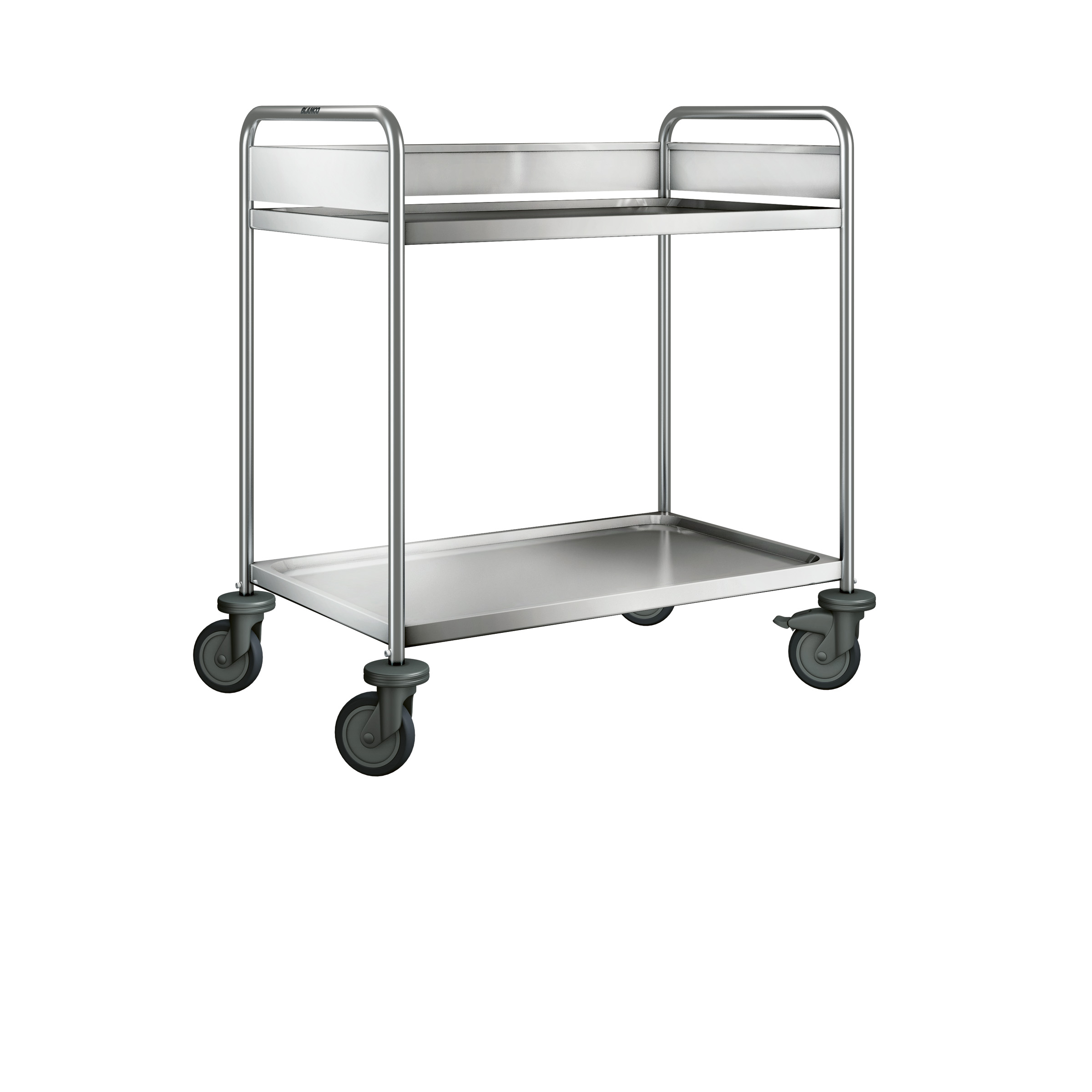 BLANCO Abräumwagen aus rostfreiem Edelstahl mit Kunststoffrollen, 4 Lenkrollen Ø 125 mm, davon 2 mit Feststeller, Maße der Borde: 2 Borde 900 x 550