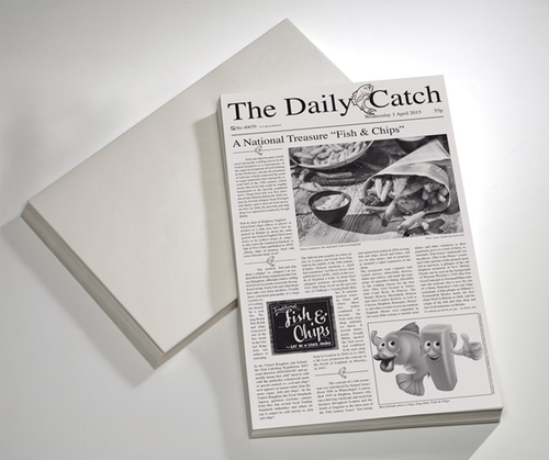 Wachspapier -SNACKHOLDER- 42 x 25 cm Motiv: Zeitung Inhalt: 500 Stück zur Präsentation von Speisen Farbe: Weiß Farbe: Schwarz