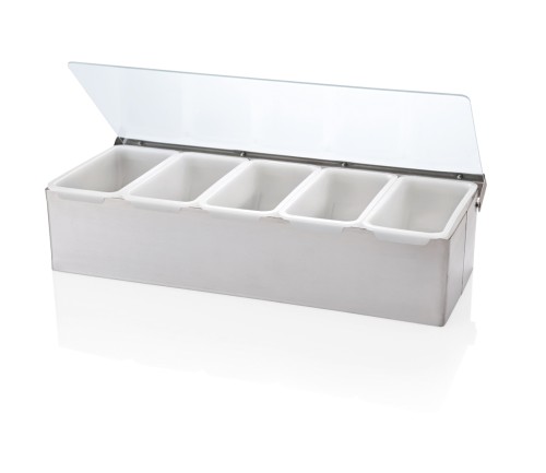 Zutatenbehälter. 5 Einsätze á 0,473 ltr. / 1 Pint. Gestell aus Chromnickelstahl, Deckel