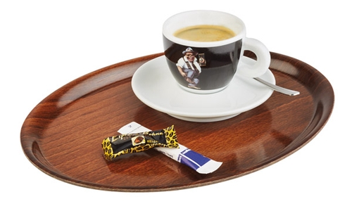 Tablett, oval 26 x 20 cm, H: 1 cm aus Pressholzlaminat Holzdekor rutschfest nicht spülmaschinengeeignet stapelbar Farbe: Braun