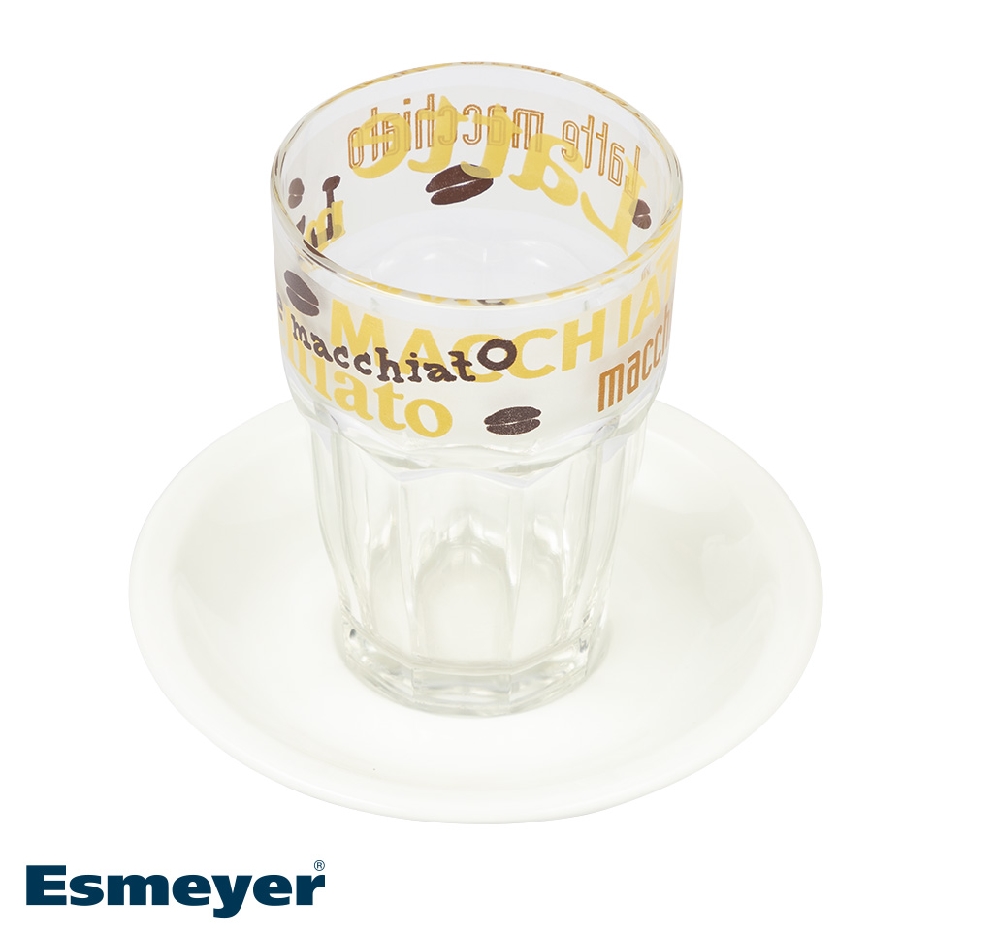Latte Macchiato-Glas HOURS, Inhalt: 0,37 Liter, Höhe: 120 mm, Durchmesser: 83 mm, stapelbar, gehärtet, für Heißgetränke, mit Druck.