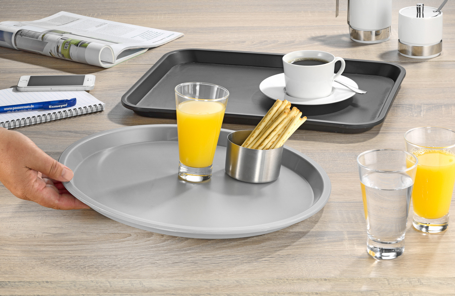 Serviertablett "OHIO", aus Kunststoff, Grau, rechteckig, Maße: ca. 41,5 x 30,5 cm, Höhe 2 cm, spülmaschinengeeignet, stapelbar,