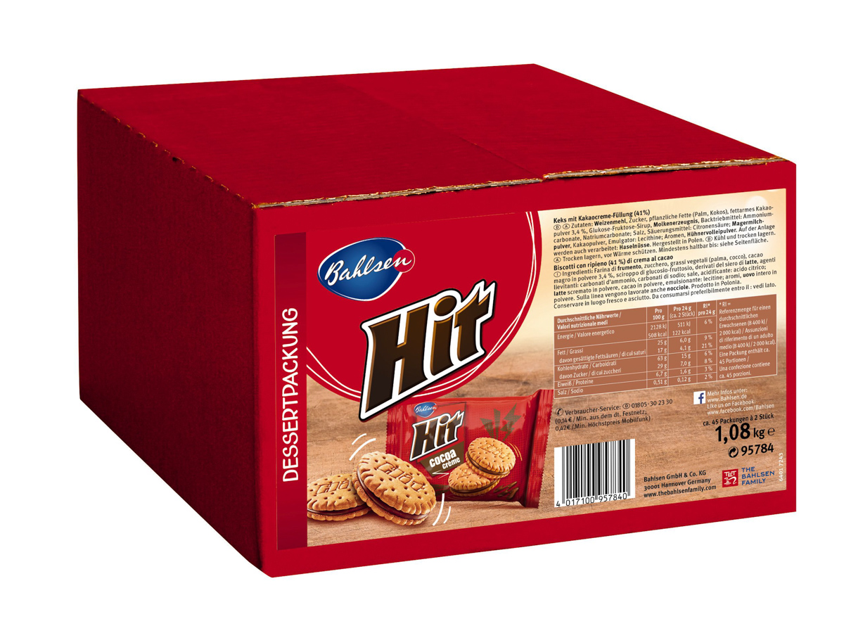 Bahlsen Hit, Inhalt: 45 Packungen à 2 Stück (je à 13 g), Doppelkeks mit Kakaocremefüllung.