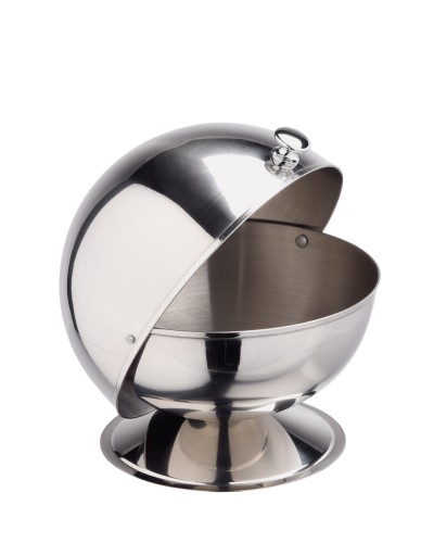 Zuckerkugeldose. Chromnickelstahl. mit Klappdeckel, hochglanzpoliert.