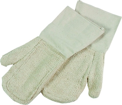 Backhandschuhe "Premium". 400 x 150 mm, lange Stulpe. Baumwolle, Farbe natur. Innenhand und Daumen verstärkt. hitzebeständig bis + 250 °C