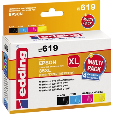edding Tintenpatrone Epson 35XL EDD-619 ca. 2.600 Seiten schwarz, ca. 3 x 1.900 Seiten farbig kein Originalzubehör schwarz,