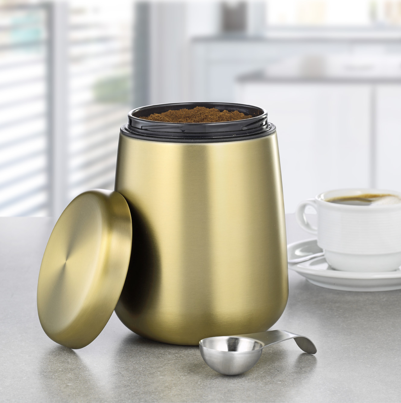 Vorratsdose AVIGNON, aus Edelstahl 18/10, champagnerfarben lackiert, Maße: Höhe ca. 16,5cm, Durchmesser ca. 11,5 cm.