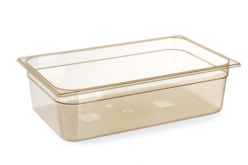 Gastronorm-Behälter 1/1 aus Grilamid - hochwertiges Polyamid, BPA-frei. 10 cm hoch. Bernsteinfarben.