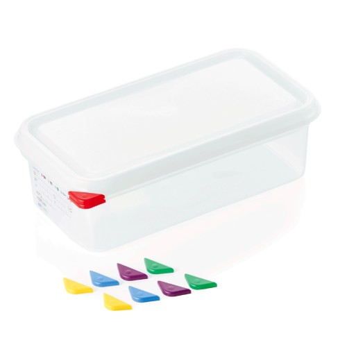 GN 1/3 Behälter, BPA frei, Deckel hermetisch schließend, Inklusive 5 Markierungs-Clips in den Farben: rot, blau, gelb, grün, lila