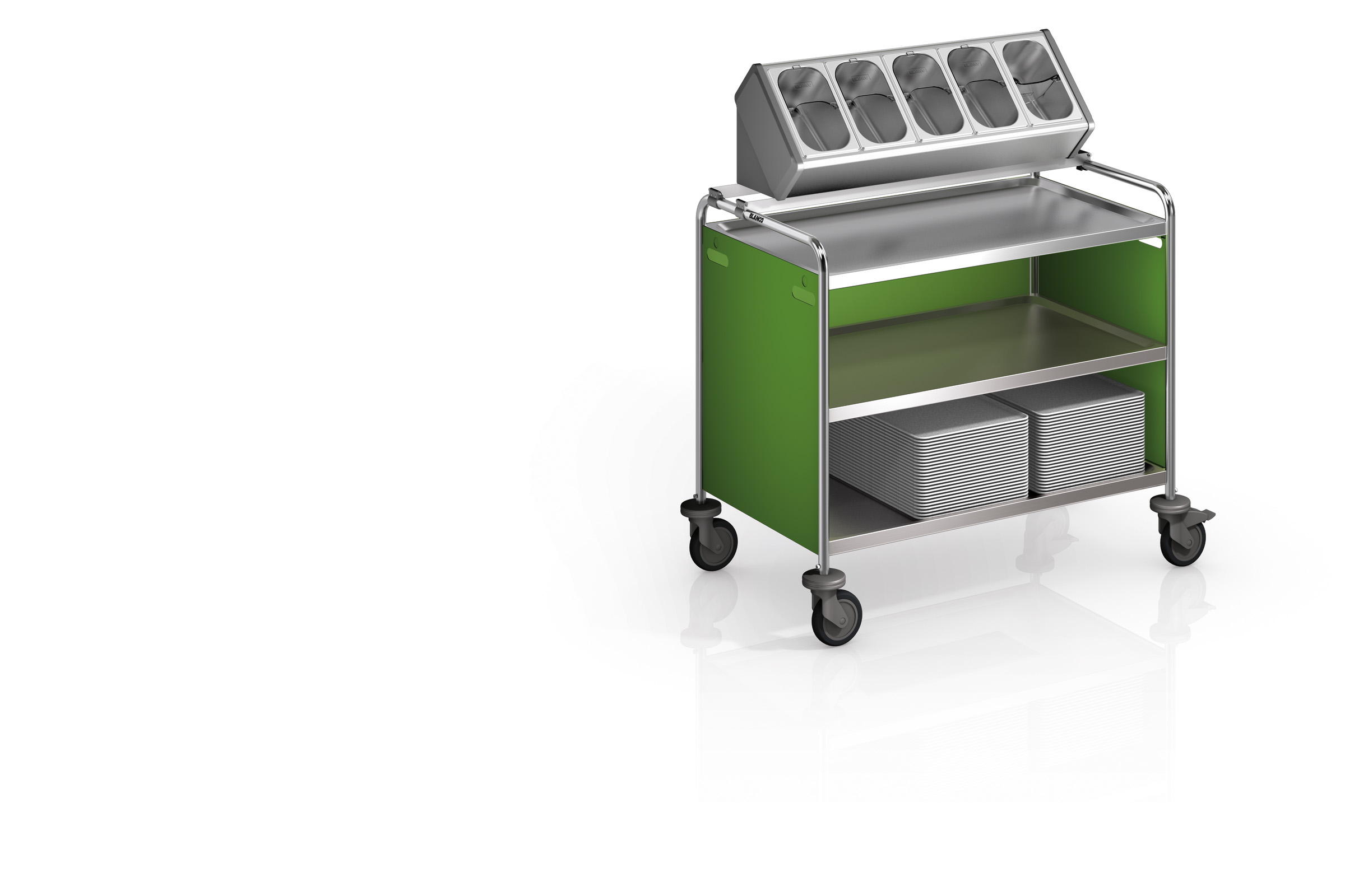 BLANCO Besteckaufsatz mit 5 herausnehmbaren Besteckbehältern, kombinierbar mit Servierwagen 10 x 6, Behälter: GN 1/4-150 aus Edelstahl mit