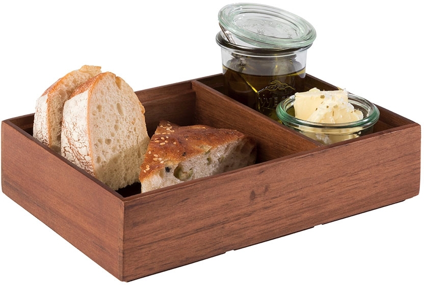 Holzbox -WOODY- 22,5 x 15 cm, H: 5,5 cm Akazienholz unterteilt in 2 Fächer: - 1. Fach: innen: 13,5 x 13 cm - 2. Fach: innen: