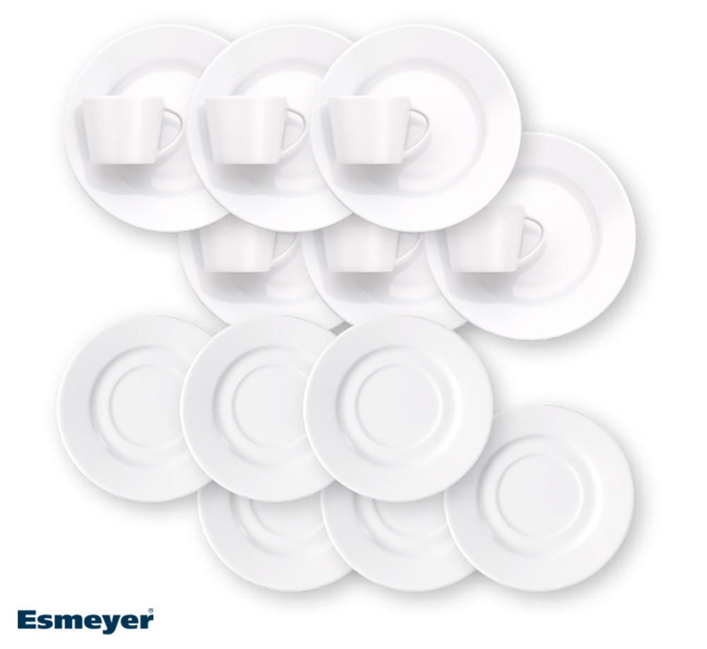 18-teiliges Sparset / Kaffeeset ISTA von caterado, aus weißem Porzellan. Enthält je 6 Obertassen, Untertassen und Dessertteller