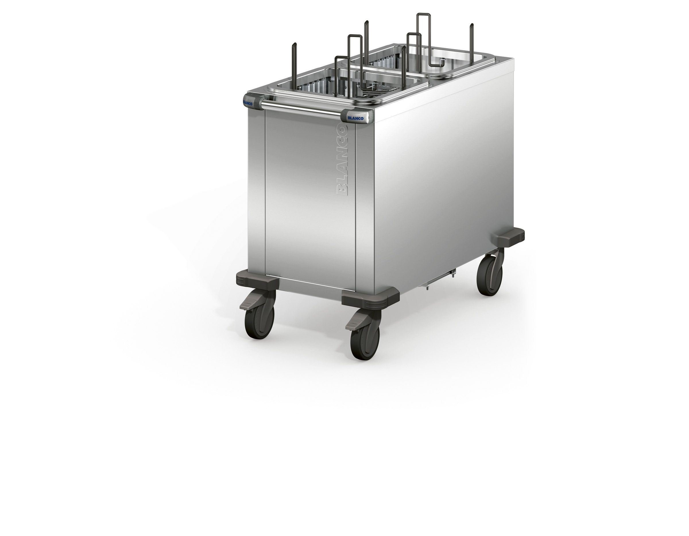 BLANCO Tellerspender aus rostfreiem Edelstahl, mit niedriger Höhe für Kinderverpflegung, 4 Lenkrollen Ø 125 mm, davon 2 mit Feststeller,