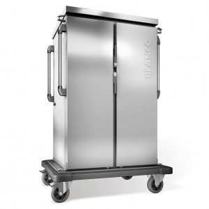 BLANCO Tablett-Transportwagen, doppelwandig, isoliert, 2 Flügeltüren / 2 Schrankräume, 4 stahlverzinkte Rollen Ø 160 mm, 2 Bockrollen und 2