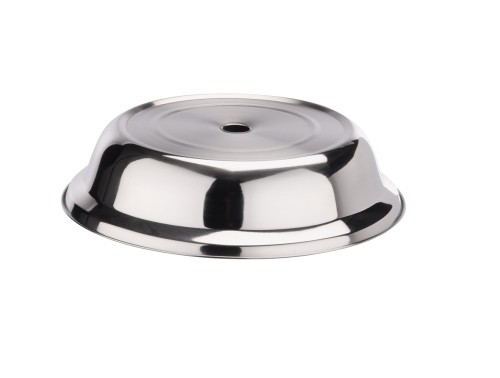 Tellerglocke. Chromnickelstahl. mit Griffloch. Durchmesser unten 27 cm.