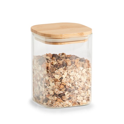 Vorratsglas m. Bambusdeckel, eckig, 900 ml. Länge: 100 mm. Breite: 100 mm. Höhe: 137 mm