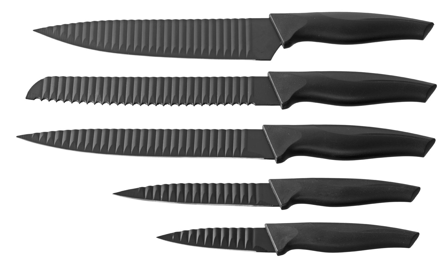 5-teiliges Messer-Set ORBIT mit Schneidbrett aus Bambus. Edelstahl-Klingen mit "Lufttaschen" gegen Anhaften, Maße Brett 31x23x1cm.