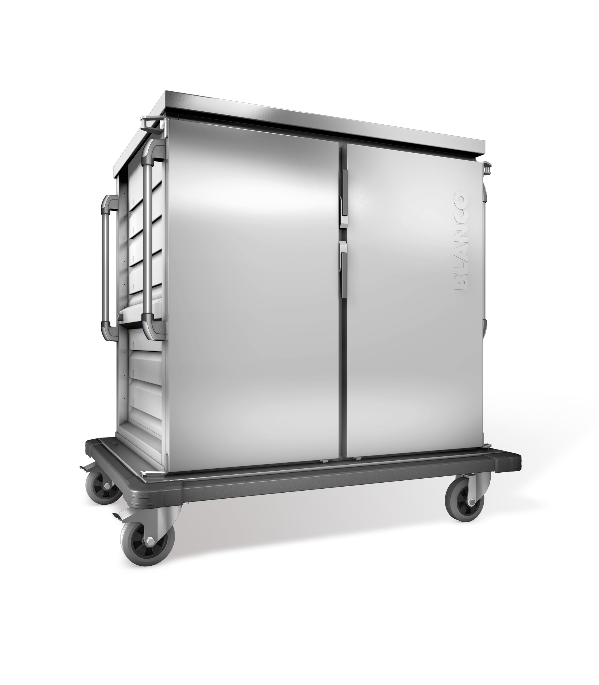 BLANCO Tablett-Transportwagen, einwandig, 2 Flügeltüren / 2 Schrankräume, 4 stahlverzinkte Rollen Ø 160 mm, 2 Bockrollen und 2 Lenkrollen mit