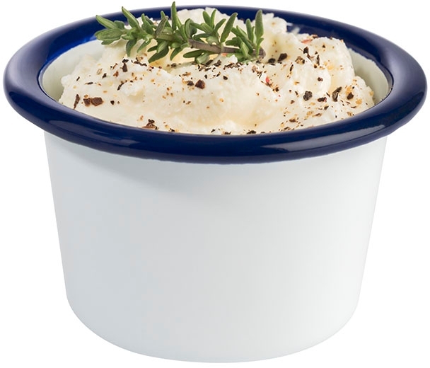 Schale -ENAMELWARE- Ø 7 cm, H: 4,5 cm, 0,08 Liter emailliertes Stahlblech innen: weiß außen: weiß Rand: blau