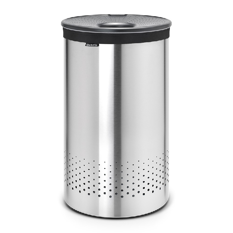 Brabantia Wäschebox mit Kunststoffdeckel, Korpus: matt steel, Deckel: dark grey, Inhalt: 60 l, Durchmesser: 39,6 cm, Höhe: 67 cm.