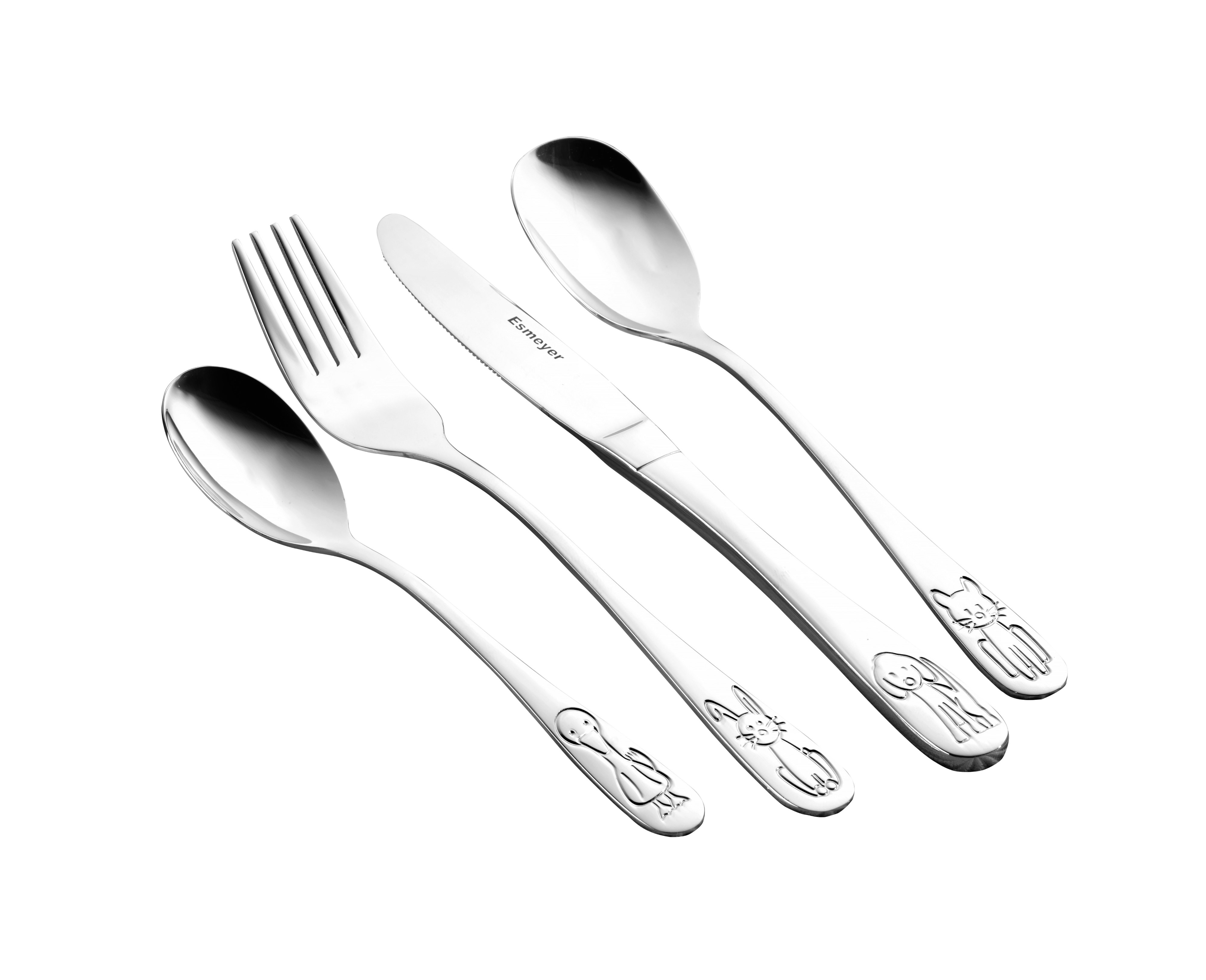 4 tlg. Kinderbesteck BAMBINO, aus Edelstahl 18/0, poliert. Materialstärke 2,0 / 1,8 mm. Messer aus Klingenstahl.