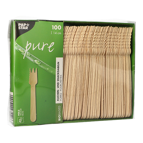 100 Kuchen- und Snackgabeln, Holz "pure" 14 cm mit einseitig gezacktem Rand von PAPSTAR