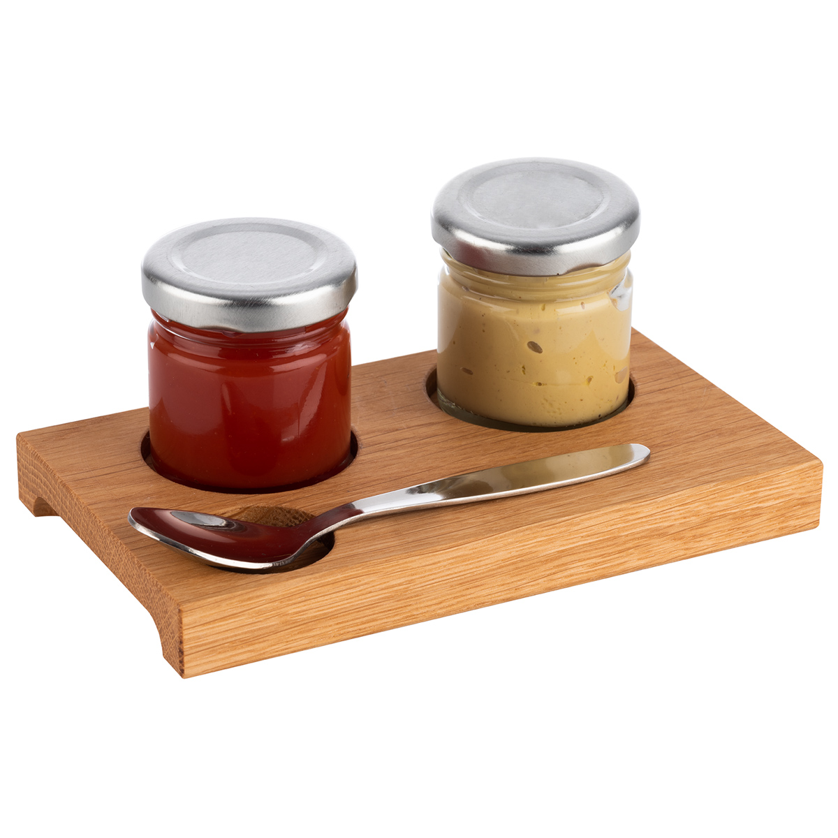 Servierbrett, 15 x 9 cm, H: 1,5 cm, Eichenholz, geölt, mit 2 Vertiefungen Ø 4,5 cm, mit einer Vertiefung Ø 3 cm, mit 2 Griffmulden